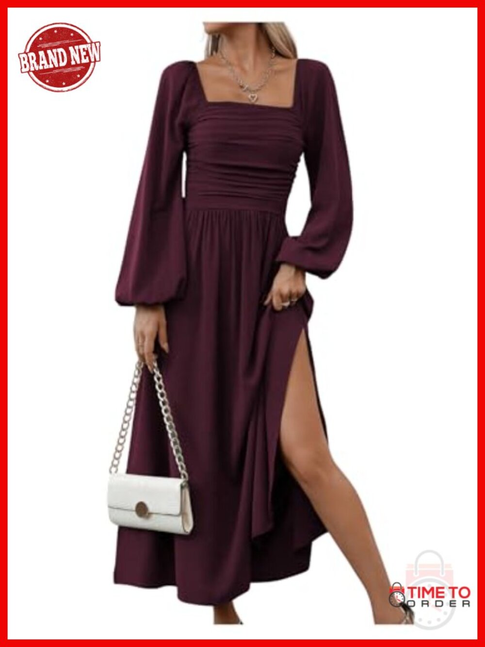 Square Neck Lantern Sleeve Ruched Split Midi Dress